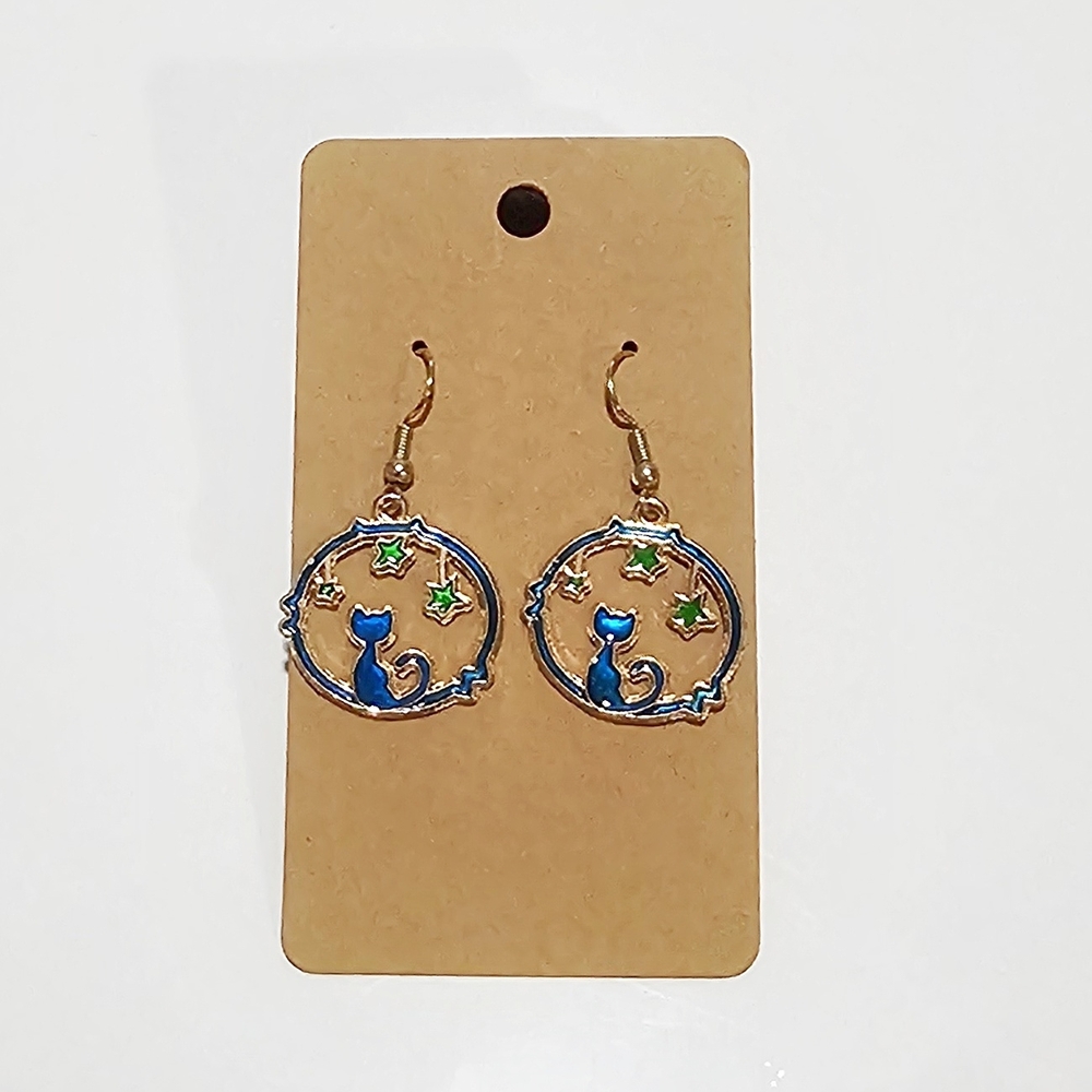 Whimsical Blue and Green Cat Earrings